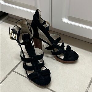 Rosegold Suede Platform Strappy Open Toe Sandal Heels | Size 6.5